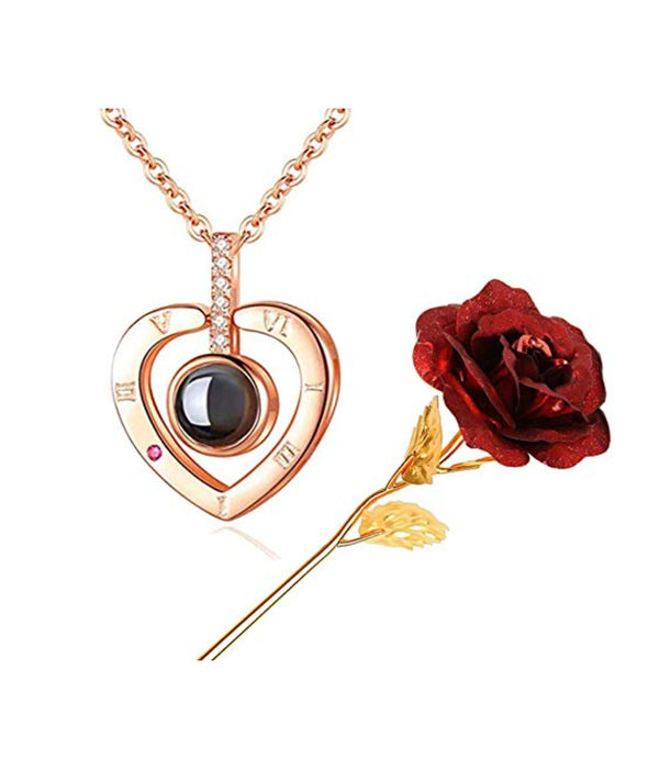 Valentine YouBella Jewellery Combo of Gold Plated Rose Flower and I Love You in 100 Languages Pendant Necklace for Women and Girls
