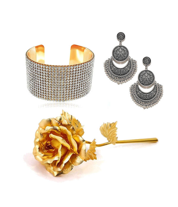 Valentine YouBella Jewellery Combo of Stylish Fancy Afghan Earrings, Gold Plated Rose Flower and Crystal Jewellery Bangle Bracelet for Girls