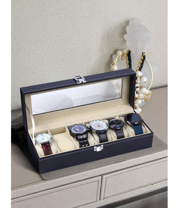 YouBella Jewellery and Watch Organiser Box Men's and Women's Watch Box Holder Organizer Case In 6 Slots of watches In PU Leather (Black) (Watch_Box_1)