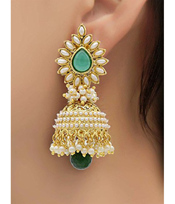 YouBella Traditional Copper Pearl Jhumki Earrings for Girls/Women (White) (Green)