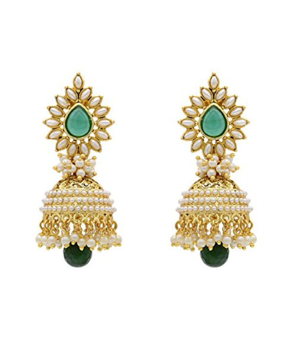 YouBella Traditional Copper Pearl Jhumki Earrings for Girls/Women (White) (Green)