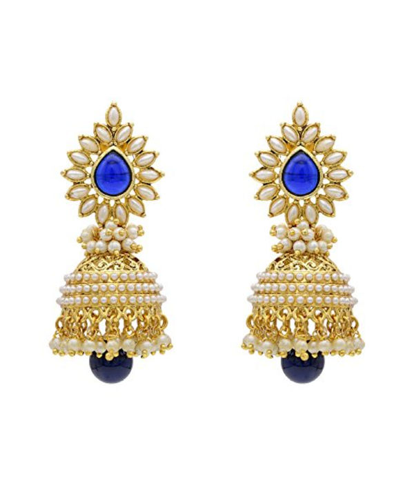 YouBella Traditional Copper Pearl Jhumki Earrings for Girls/Women (White) (Dark Blue)