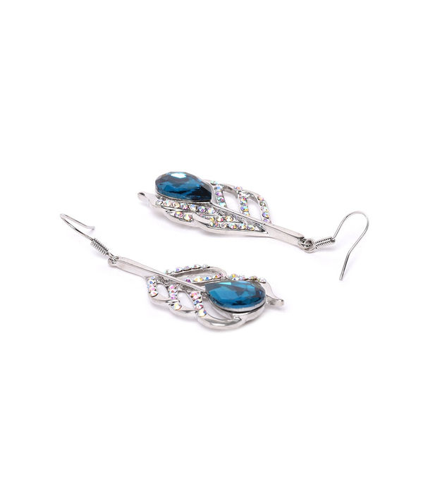 YouBella Blue Silver-Plated Stone-Studded Contemporary Drop Earrings