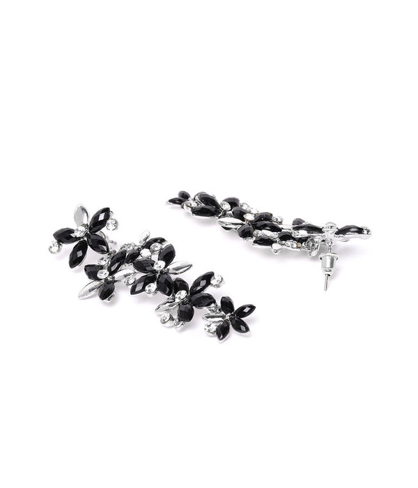 YouBella Black Silver-Plated Stone-Studded Floral Shaped Drop Earrings