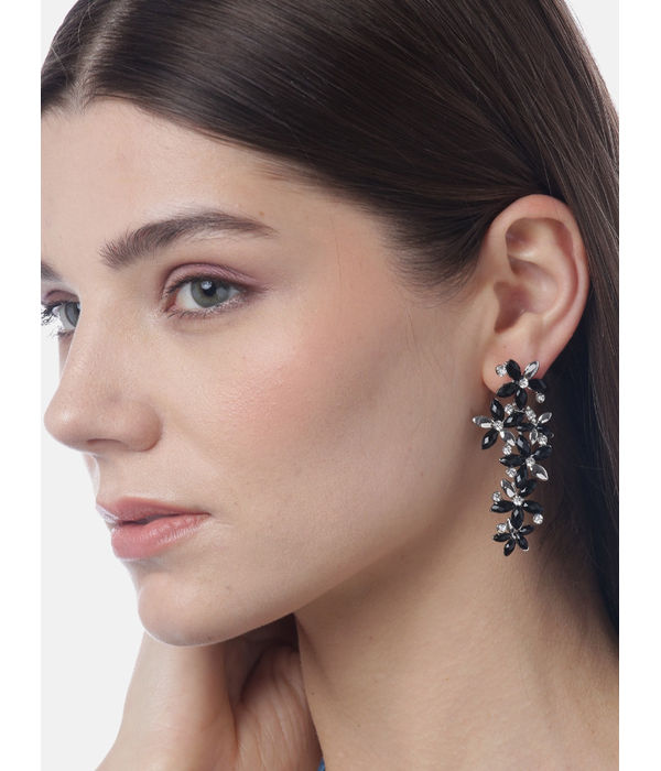 YouBella Black Silver-Plated Stone-Studded Floral Shaped Drop Earrings