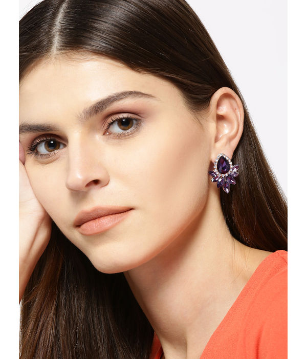 YouBella Aubergine Stone Studded Teardrop Shaped Drop Earrings