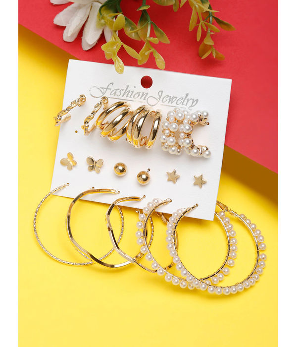 Set Of 9 Gold-Toned & Off White Circular Hoop Earrings