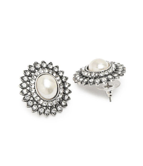 YouBella Jewellery Silver Plated Pearl Stud Earrings for Girls and Women (YBEAR_33094) (Silver)