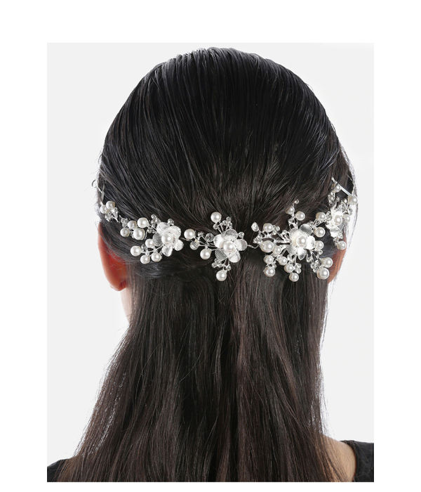 YouBella Silver-Toned  Off-White Embellished Floral Hair Accessory