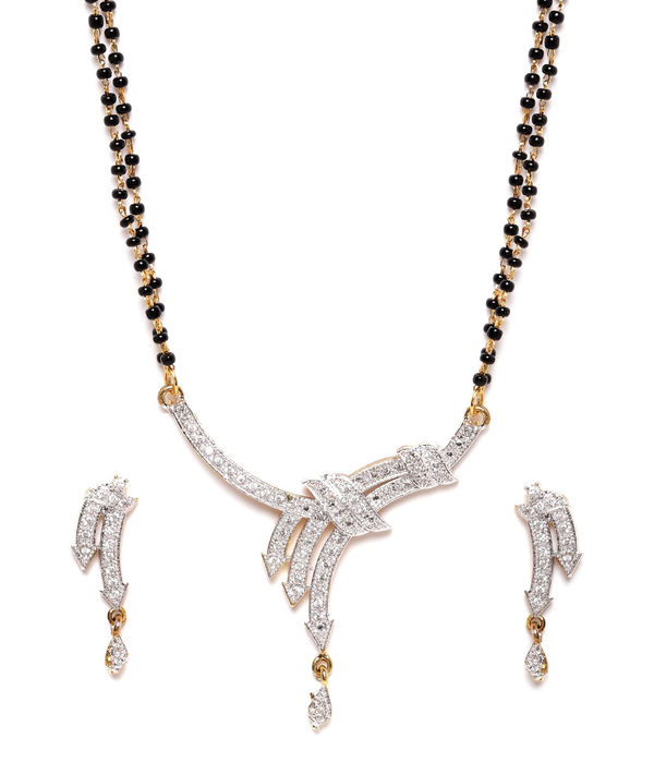 YouBella Black Gold-Plated Stone-Studded  Beaded Mangalsutra with Earrings