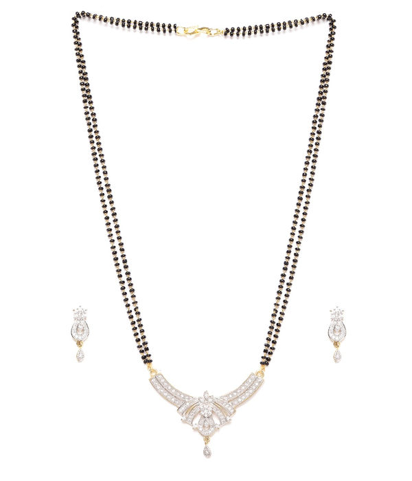 YouBella Black Gold-Plated Stone-Studded  Beaded Dual-Stranded Mangalsutra with Earrings