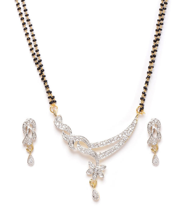 YouBella Black Gold-Plated Stone-Studded  Beaded Dual-Stranded Mangalsutra with Earrings