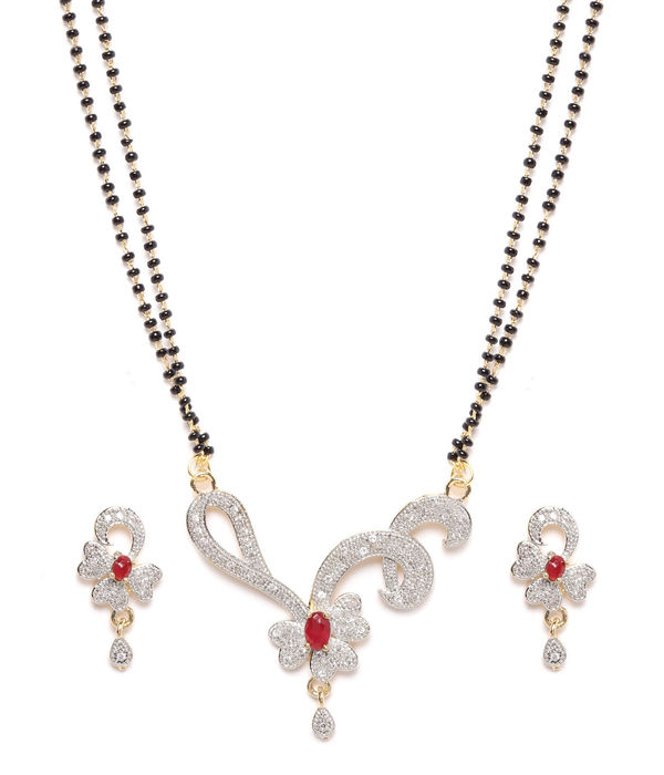 YouBella Black  Pink Gold-Plated Stone-Studded  Beaded Mangalsutra with Earrings