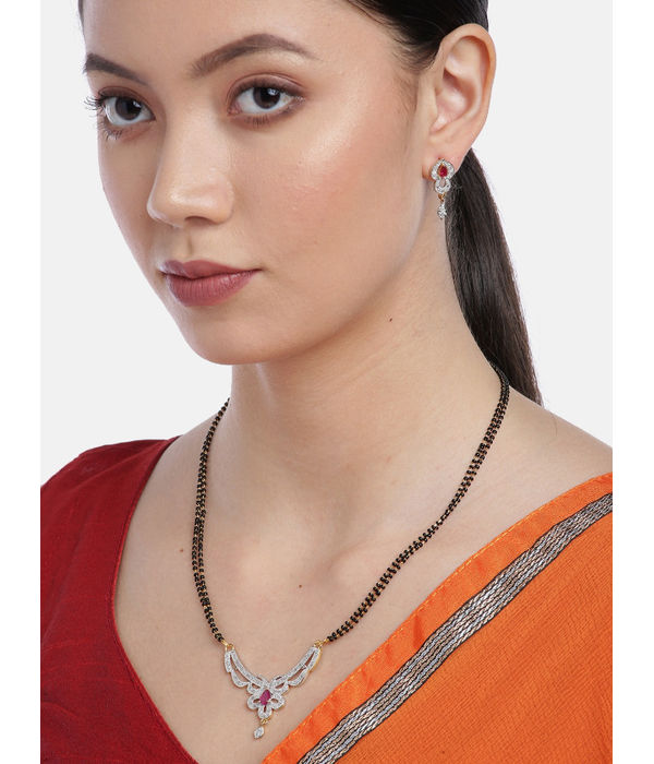 YouBella Black  Pink Gold-Plated Stone-Studded  Beaded Mangalsutra with Earrings