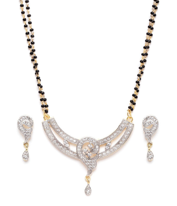 YouBella Black Gold-Plated Stone-Studded  Beaded Dual-Stranded Mangalsutra with Earrings