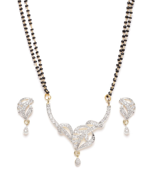 YouBella Black Gold-Plated Stone-Studded  Beaded Dual-Stranded Mangalsutra with Earrings