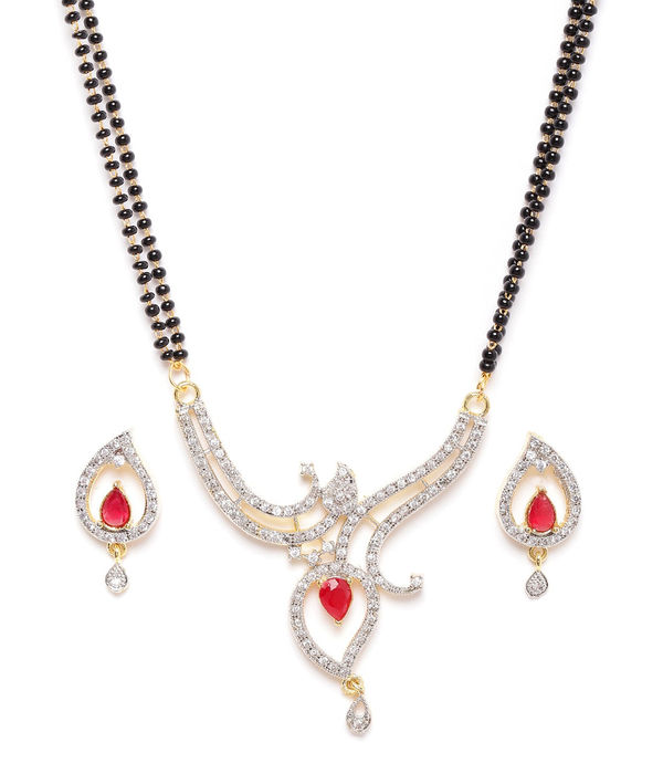 YouBella Black  Pink Gold-Plated Stone-Studded  Beaded Mangalsutra with Studs