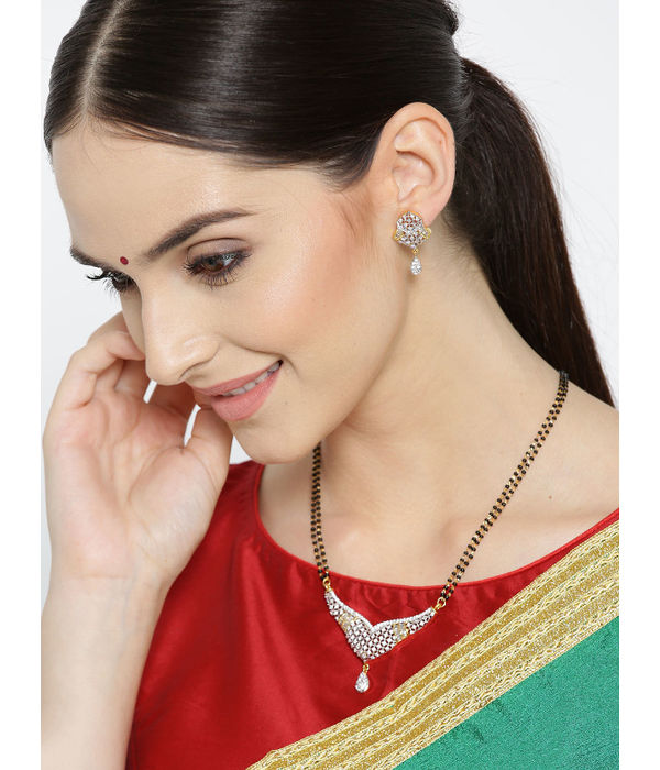 YouBella Black Gold-Plated Stone-Studded Mangalsutra  Earrings Set