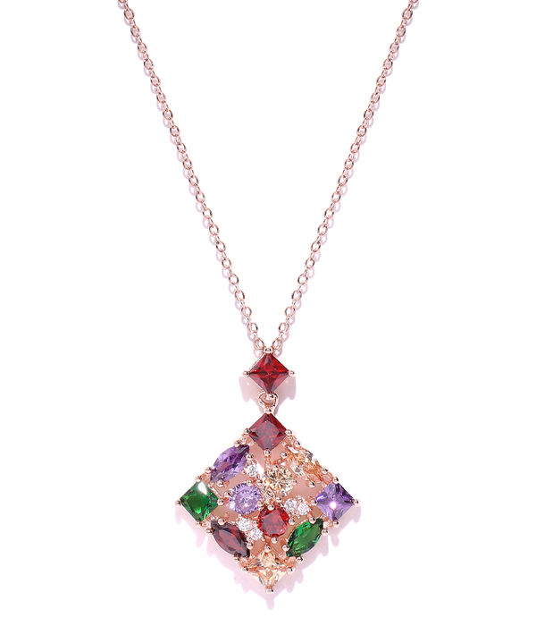 YouBella Multicoloured Crystal Zircon Stone-Studded Pendant with Chain