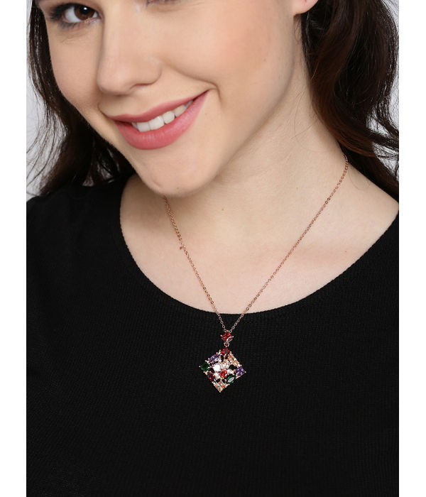 YouBella Multicoloured Crystal Zircon Stone-Studded Pendant with Chain