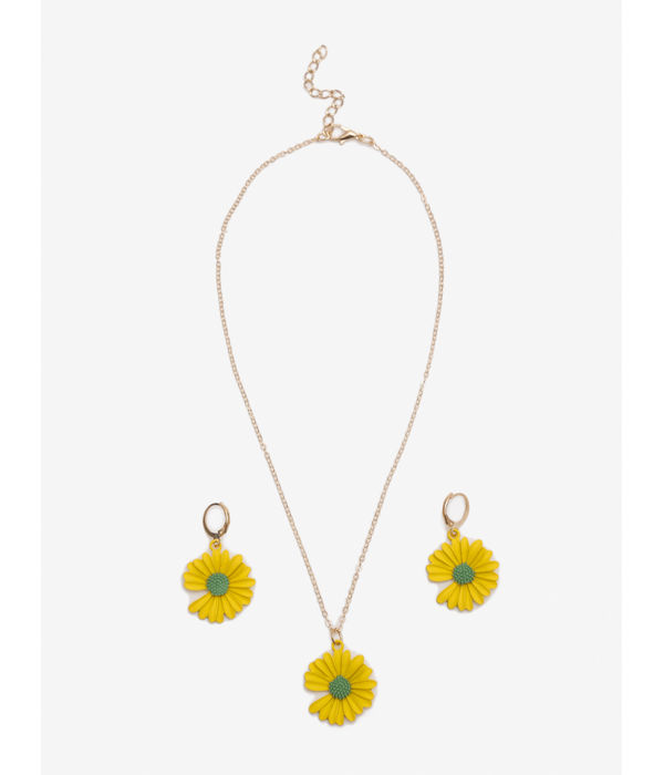 YouBella 
Gold-Plated Yellow & Green Floral-Shaped Jewellery Set