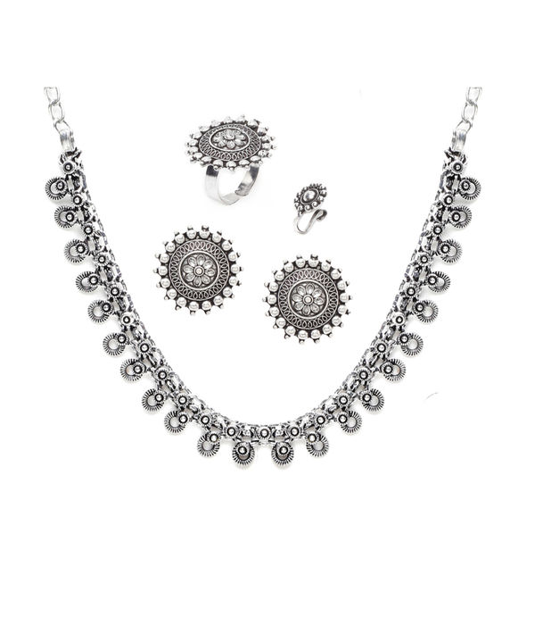 YouBella Jewellery Set for Women Oxidised Silver TradItional Necklace Jewellery Set with Earrings , Rings and Nose Clip for Girls and Women (Style 4)