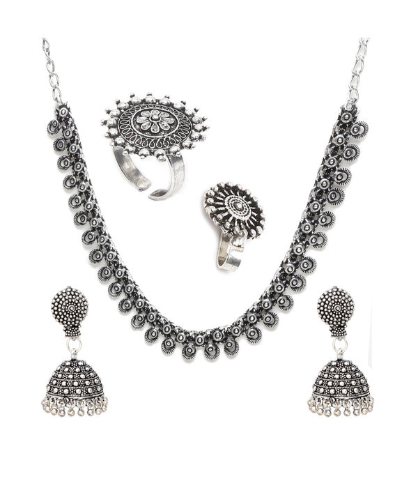 YouBella Jewellery Set for Women Oxidised Silver TradItional Necklace Jewellery Set with Earrings , Rings and Nose Clip for Girls and Women (Style 5)