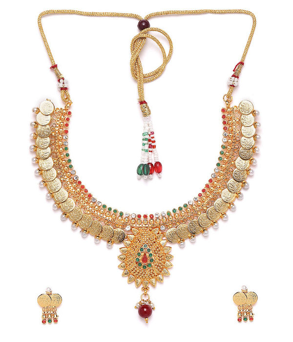 YouBella Green  Red Gold-Plated Stone-Studded Beaded Jewellery Set