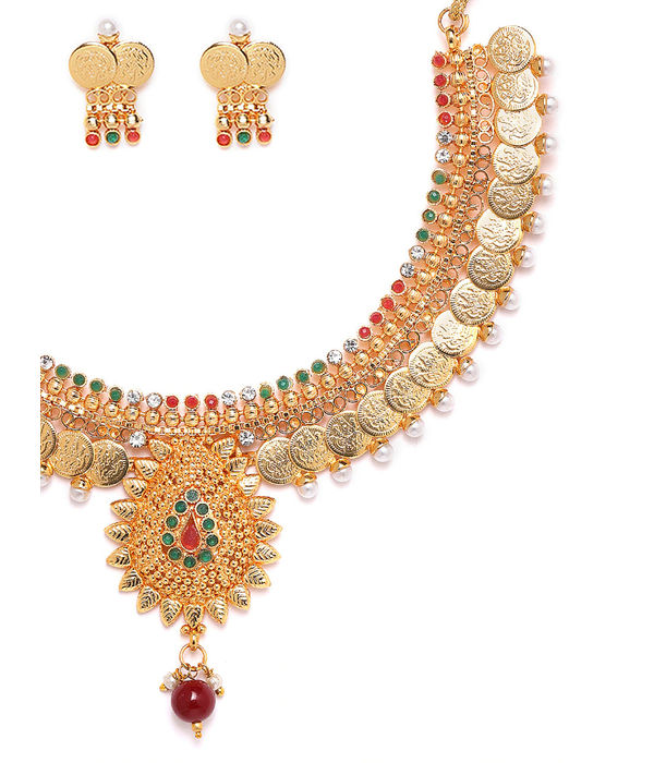 YouBella Green  Red Gold-Plated Stone-Studded Beaded Jewellery Set
