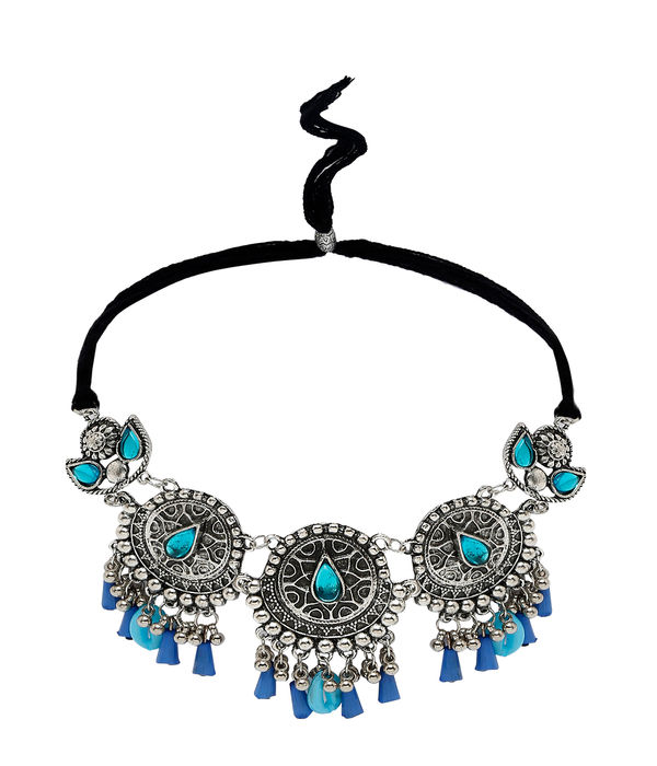 YouBella Jewellery Oxidised Silver Necklace Jewellery Set with Earrings for Girls and Women (Blue) (YBNK_50531)