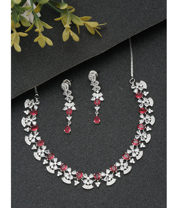 YouBella Jewellery Celebrity Inspired American Diamond Studded Necklace Jewellery Set with Earrings for Girls and Women (Silver) (YBNK_50539)