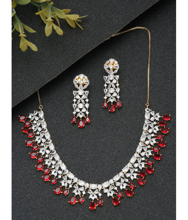 YouBella Jewellery Celebrity Inspired American Diamond Studded Necklace Jewellery Set with Earrings for Girls and Women (Red) (YBNK_50541)