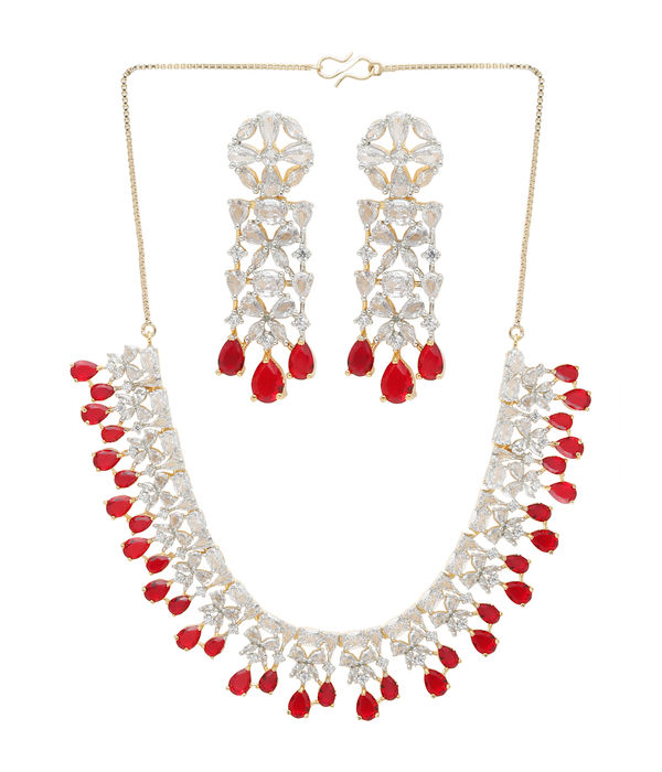 YouBella Jewellery Celebrity Inspired American Diamond Studded Necklace Jewellery Set with Earrings for Girls and Women (Red) (YBNK_50541)