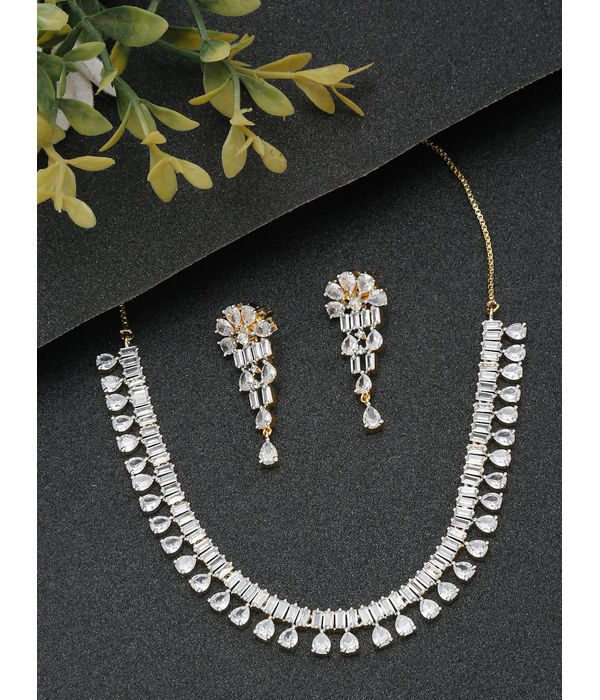 YouBella Jewellery Celebrity Inspired American Diamond Studded Necklace Jewellery Set with Earrings for Girls and Women (Gold) (YBNK_50543)