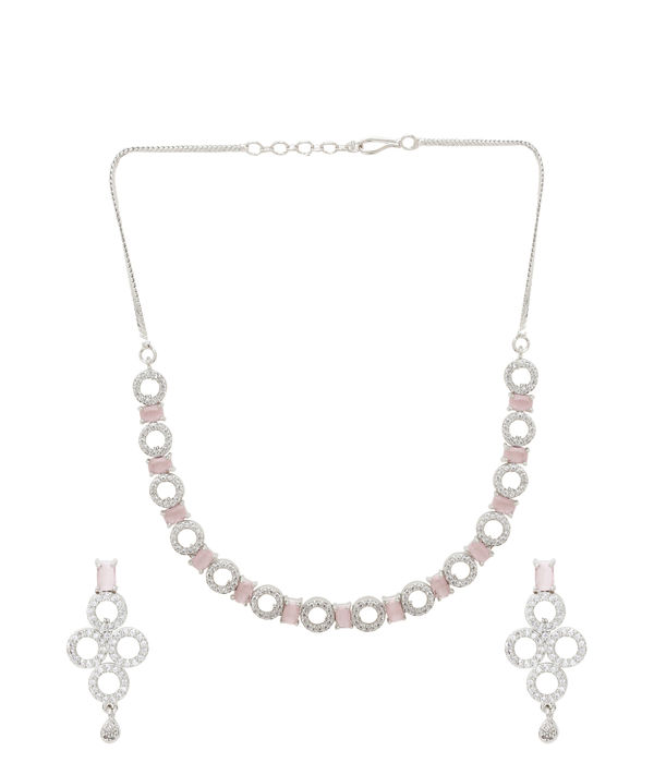 YouBella Jewellery Celebrity Inspired American Diamond Necklace Jewellery Set with Earrings for Girls and Women (Pink) (YBNK_50545)