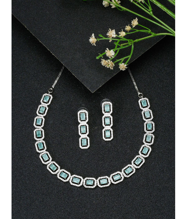 YouBella Jewellery Celebrity Inspired American Diamond Necklace Jewellery Set with Earrings for Girls and Women (Sea Green) (YBNK_50546)