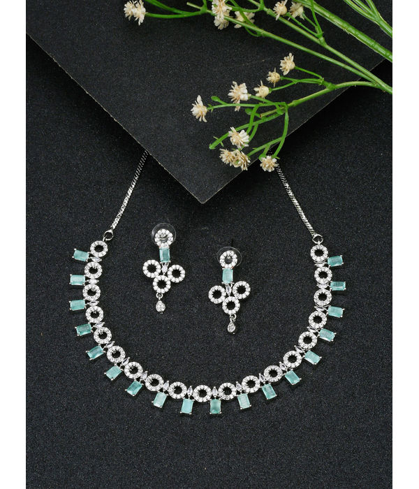 YouBella Jewellery Celebrity Inspired American Diamond Necklace Jewellery Set with Earrings for Girls and Women (Sea Green) (YBNK_50547)