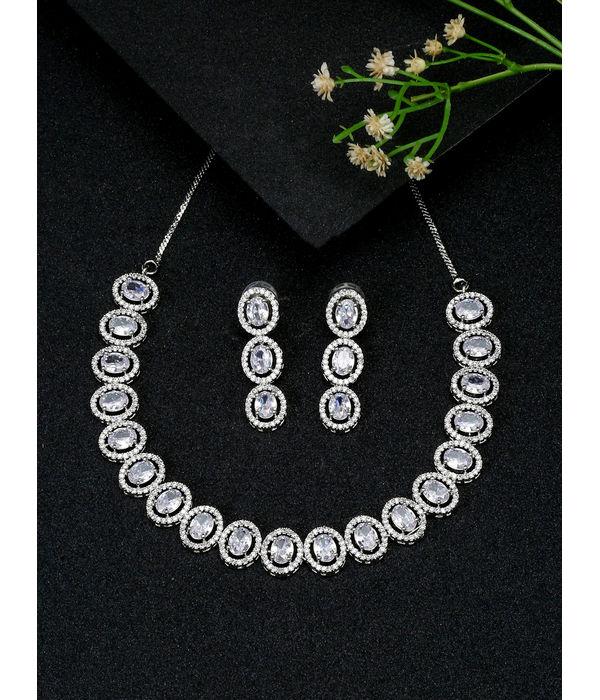 YouBella Jewellery Celebrity Inspired American Diamond Necklace Jewellery Set with Earrings for Girls and Women (Silver) (YBNK_50557)