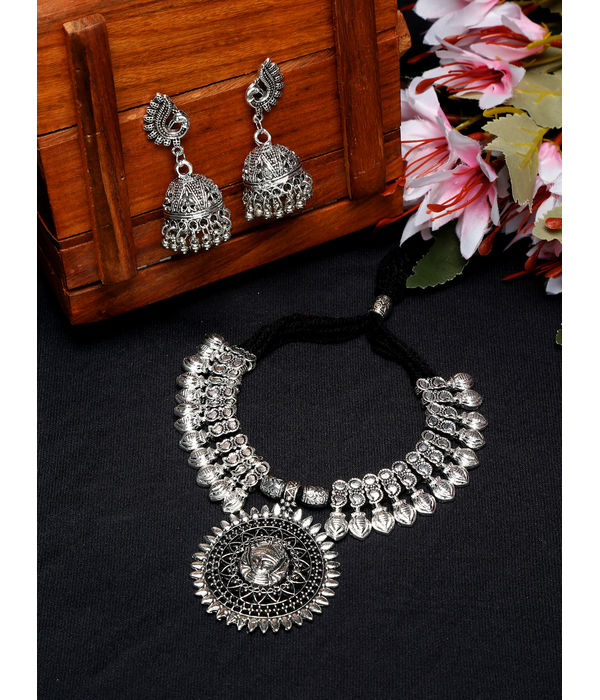 YouBella Stylish Latest Afghani Oxidised Jewellery Silver Plated Jewellery Set for Women (BLACK)(YBNK_5488)