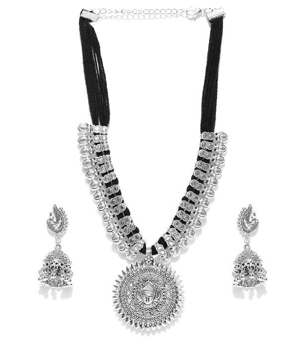 YouBella Stylish Latest Afghani Oxidised Jewellery Silver Plated Jewellery Set for Women (BLACK)(YBNK_5488)