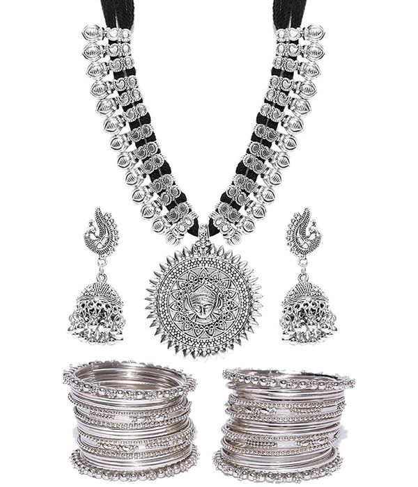 YouBella Stylish Latest Design Afghani Jewellery Combo Silver Plated Jewellery Set for Women (Silver) (YBNK_5635_2.6)