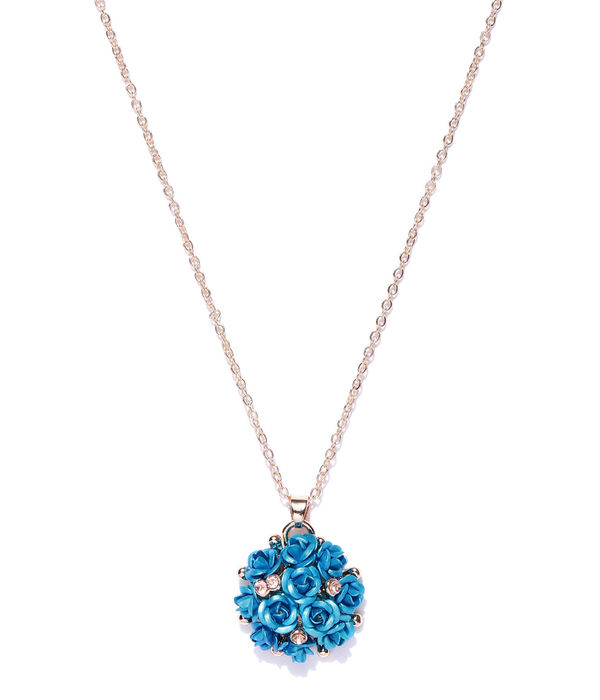 YouBella Blue Gold-Plated Stone-Studded Floral Shaped Pendant With Chain