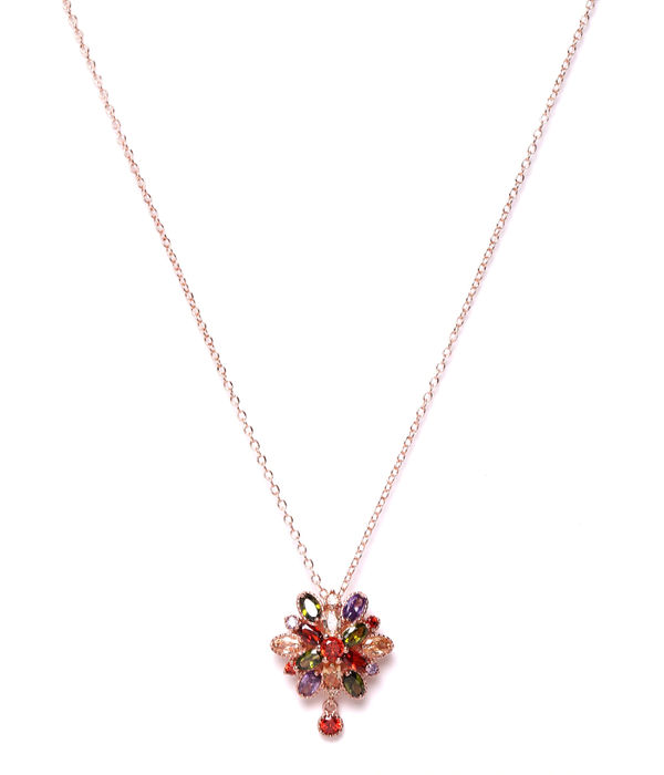 YouBella Multicoloured Rose Gold-Plated Stone-Studded Floral Pendant with Chain