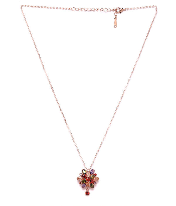 YouBella Multicoloured Rose Gold-Plated Stone-Studded Floral Pendant with Chain