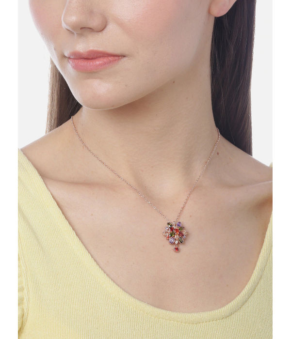 YouBella Multicoloured Rose Gold-Plated Stone-Studded Floral Pendant with Chain