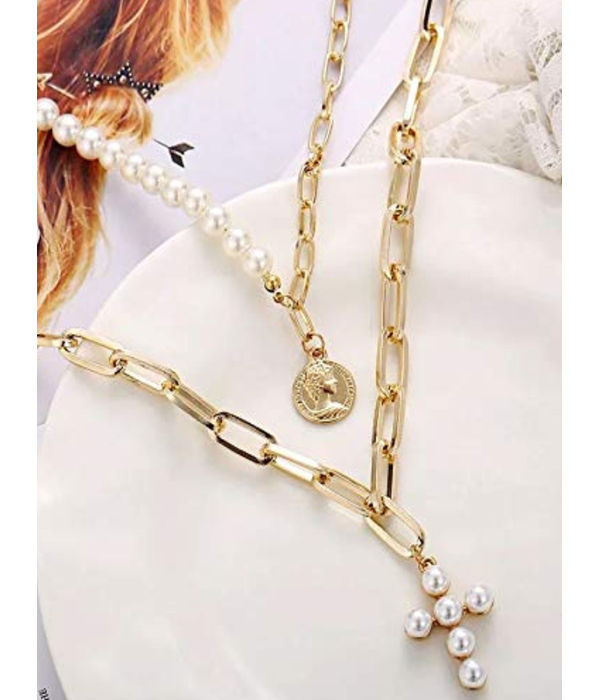 YouBella Stylish Latest Design Trendy Multi Layer Necklace Jewellery Gold Plated Multi Strand for Women (Golden) (YBNK_5786)