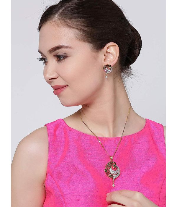 YouBella CZ Designer Peacock Pendant Set with Chain