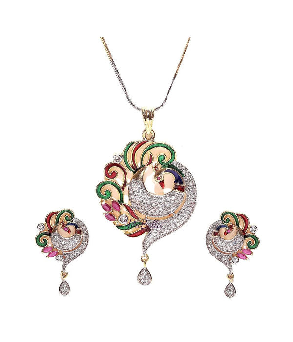 YouBella CZ Designer Peacock Pendant Set with Chain