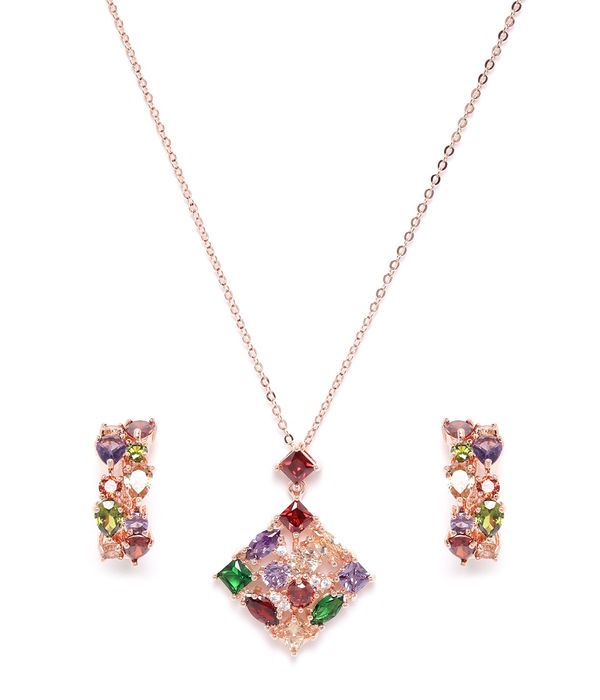 YouBella Green  Red Rose Gold-Toned Stone Studded Diamond Shaped Jewellery Set