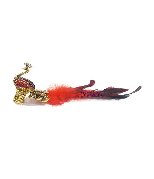 YouBella Jewellery Designer Peacock Feather Adjustable Ring for Girls and Women (Red)